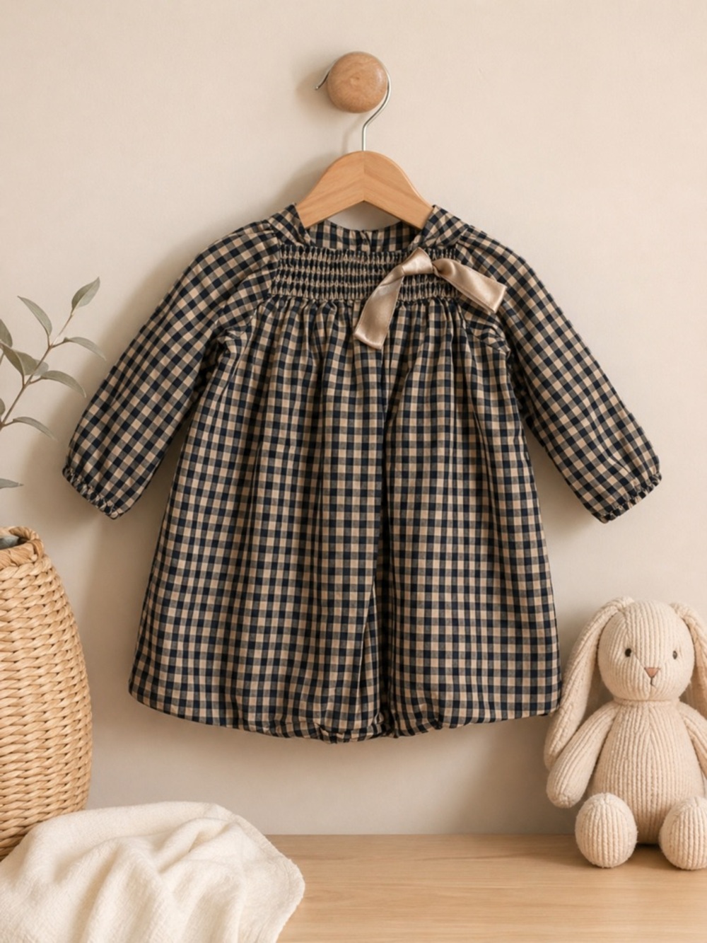 Karpi Gingham Too With Bow | Navy & Beige With Smocking Size 3 100% Cotton